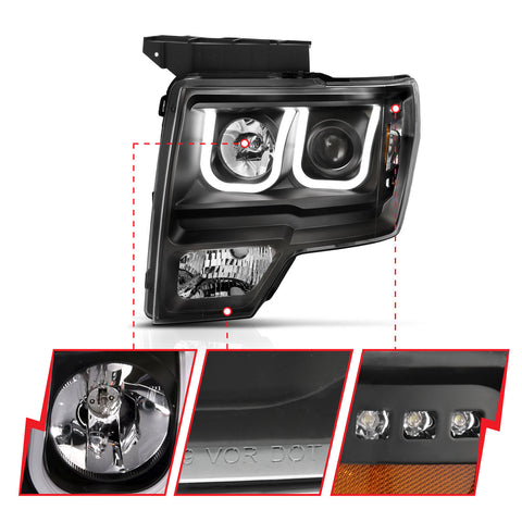 Anzo USA Projector Headlight Set w/U-Bar Switchback; Black w/Amber;