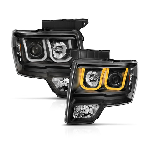 Anzo USA Projector Headlight Set w/U-Bar Switchback; Black w/Amber;