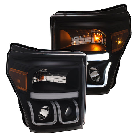 Anzo USA Projector Headlight Set w/U-Bar Switchback; Black w/Amber;