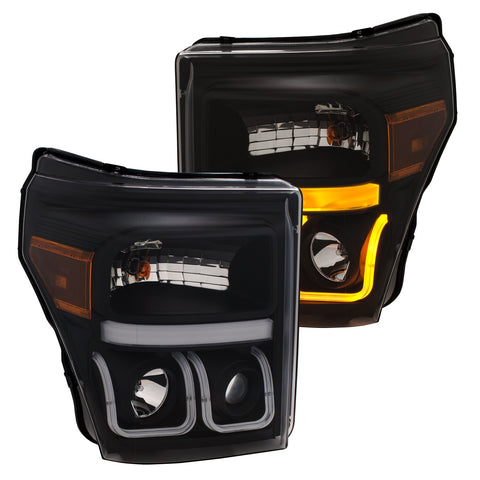 Anzo USA Projector Headlight Set w/U-Bar Switchback; Black w/Amber;