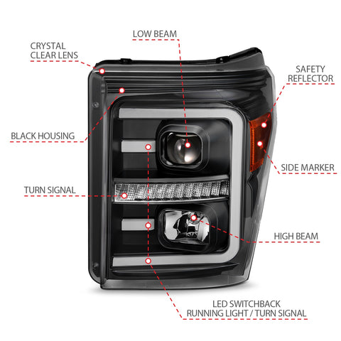Anzo USA Projector Headlight Set; w/Plank Style Switchback; Black w/Amber; Pair;