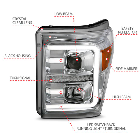 ANZO USA Projector Headlights w/ Plank Style Switchback Chrome w/ Amber