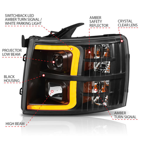 Anzo USA Projector Headlight Set; w/Plank Style Switchback; Black w/Amber; Pair;