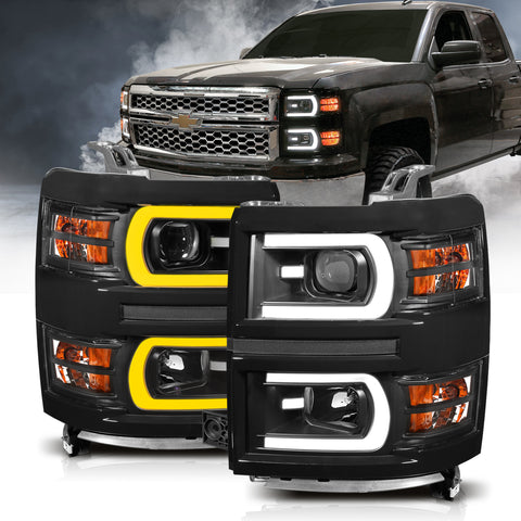 Anzo USA Projector Headlight Set; w/Plank Style Switchback; Black w/Amber; Pair;