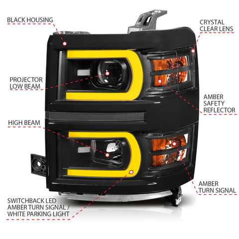 Anzo USA Projector Headlight Set; w/Plank Style Switchback; Black w/Amber; Pair;