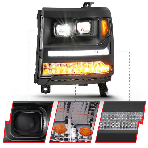 Anzo USA LED Projector Headlight; w/Plank Style; Black w/Amber; Pair;