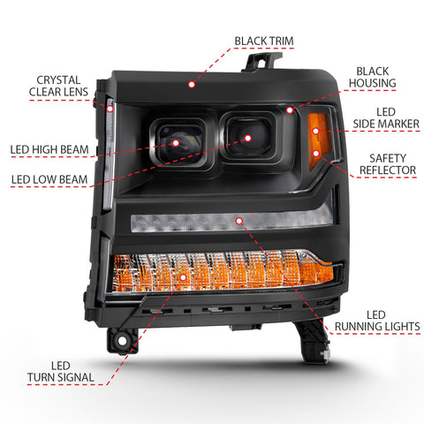 Anzo USA LED Projector Headlight; w/Plank Style; Black w/Amber; Pair;