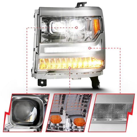 ANZO USA LED Projector Headlights w/ Plank Style Chrome w/ Amber