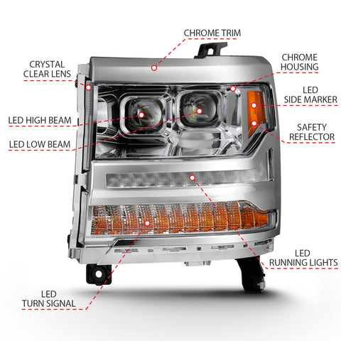 ANZO USA LED Projector Headlights w/ Plank Style Chrome w/ Amber