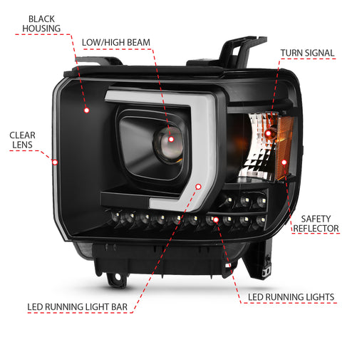 Anzo USA Projector Headlight Set; Plank Style Headlight; Black; w/DRL; Pair;
