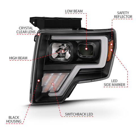 Anzo USA Projector Headlight Set w/Halo; w/Switchback; G4; Black w/Amber; Pair;