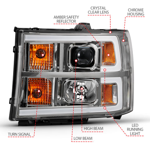 ANZO USA PROJECTOR HEADLIGHT PLANK STYLE CHROME K W/ CLEAR LENS AMBER