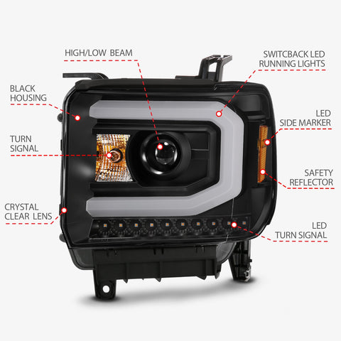 Anzo USA Projector Headlight Set; w/Plank Style Switchback; Black; Pair;