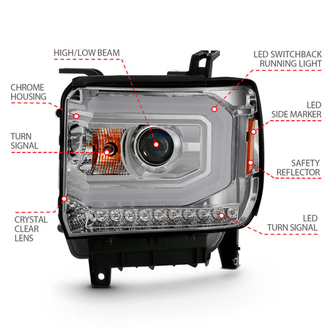 ANZO USA Projector Headlights Plank Style Chrome w/ Switchback