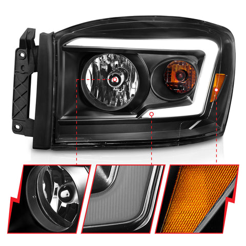 Anzo USA Crystal Headlight Set; Clear Lens; Black Housing; w/ Light Bar; Pair;
