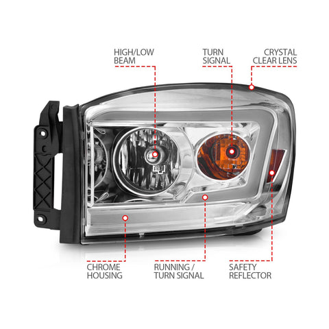 ANZO USA Crystal Headlight Set w/ Light Bar Style; Chrome Housing; Clear Lens; Pair