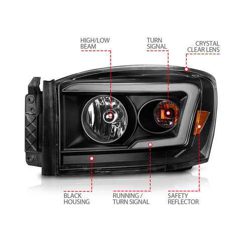 Anzo USA Crystal Headlight Set; Clear Lens; Black Housing; w/ Light Bar Switchback; Pair;