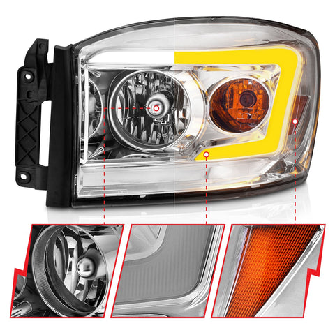 ANZO USA CRYSTAL HEADLIGHT W/ LIGHT BAR SWITCHBACK CHROME HOUSING CLEAR LENS