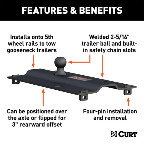 CURT Bent Plate 5th Wheel Rail Gooseneck Hitch with 2-5/16in. Ball; 25K (3in. Offset)