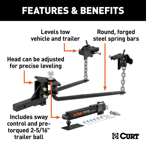 CURT Round Bar Weight Distribution Hitch with Lubrication; Sway Control (10-14K)