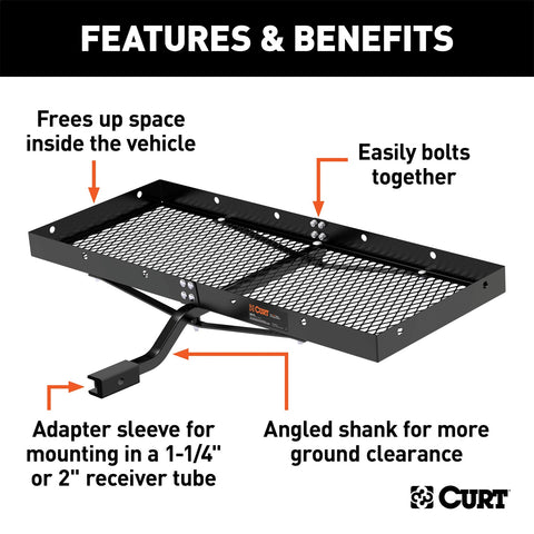 CURT 48in. x 20in. Black Steel Tray Cargo Carrier (1-1/4in.; 2in. Adapter; 300 lbs.)