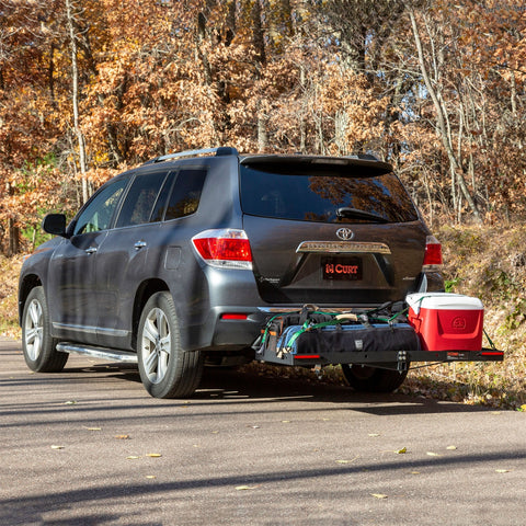CURT 48in. x 20in. Black Steel Tray Cargo Carrier (1-1/4in.; 2in. Adapter; 300 lbs.)