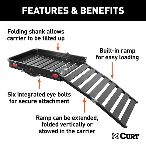 CURT 50in. x 30in. Black Aluminum Hitch Cargo Carrier with Ramp (Folding 2in. Shank)
