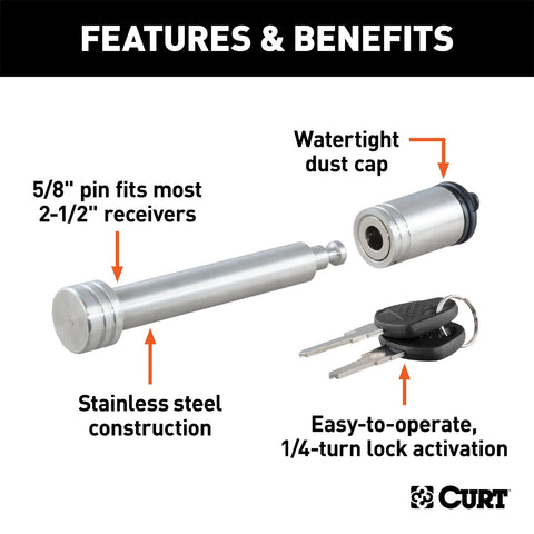 CURT 5/8in. Hitch Lock (2in. or 2-1/2in. Receiver; Barbell; Stainless)