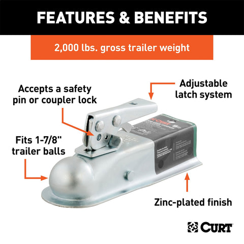 CURT 1-7/8in. Straight-Tongue Coupler with Posi-Lock (2in. Channel; 2;000 lbs; Zinc)