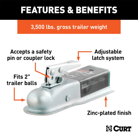 CURT 2in. Straight-Tongue Coupler with Posi-Lock (2-1/2in. Channel; 3;500 lbs; Zinc)