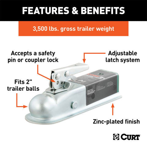 CURT 2in. Straight-Tongue Coupler with Posi-Lock (2in. Channel; 3;500 lbs; Zinc)
