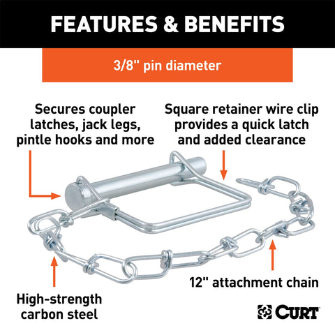 CURT 3/8in. Safety Pin with 12in. Chain (2-3/4in. Pin Length; Packaged)