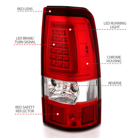 ANZO USA Tail Light Assembly; LED; Chrome Housing; Red/Clear Lens; Pair