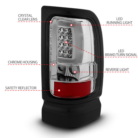 ANZO USA Tail Light Assembly; LED; Chrome Housing; Clear Lens; Pair