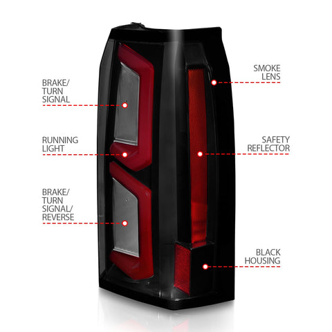 ANZO USA Tail Light Assembly; LED; w/ Light Bar Style; Black Housing; Smoke Lens; Pair