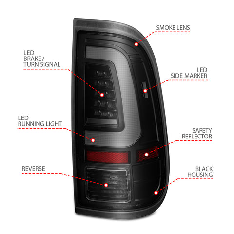 ANZO USA Tail Light Assembly; LED; w/ Light Bar Style; Black Housing; Smoke Lens; Pair
