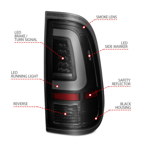 ANZO USA Tail Light Assembly; LED; w/ Light Bar Style; Black Housing; Smoke Lens; Pair
