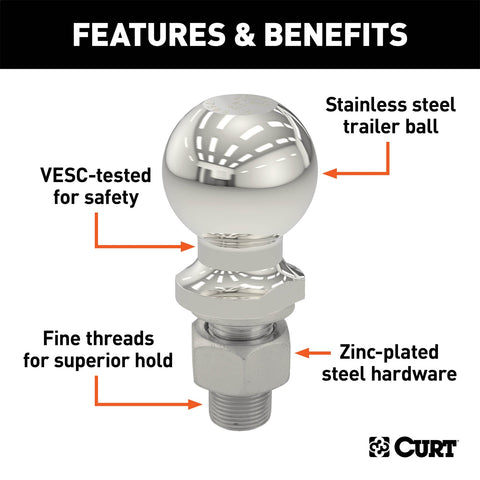 CURT 2in. Trailer Ball (1in. x 2-1/8in. Shank; 6;000 lbs.; Stainless)