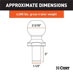 CURT 2-5/16in. Trailer Ball (1-1/4in. x 3in. Shank; 6;000 lbs.; Chrome; Packaged)
