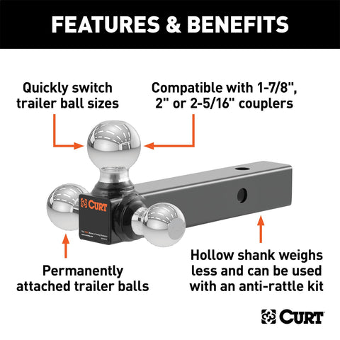 CURT Multi-Ball Mount (2in. Hollow Shank; 1-7/8in.; 2in./2-5/16in. Chrome Balls)