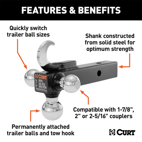 CURT Multi-Ball Mount with Hook (2in. Solid Shank; 1-7/8in.; 2in./2-5/16in. Chrome Ba