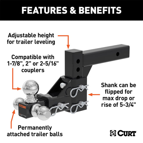 CURT Adjustable Tri-Ball Mount (2in. Shank; 1-7/8in.; 2in./2-5/16in. Balls)