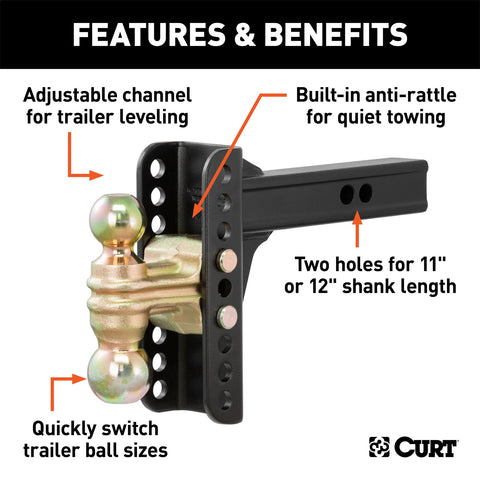 CURT Adjustable Channel Mount with Dual Ball (2in. Shank; 14;000 lbs.; 6in. Drop)