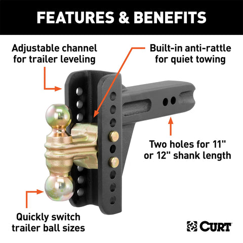 CURT Adjustable Channel Mount with Dual Ball (2-1/2in. Shank; 20;000 lbs.; 6in. Drop)