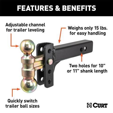 CURT Slim Adjustable Channel Mount with Dual Ball (2in. Shank; 10K; 3-3/4in. Drop)