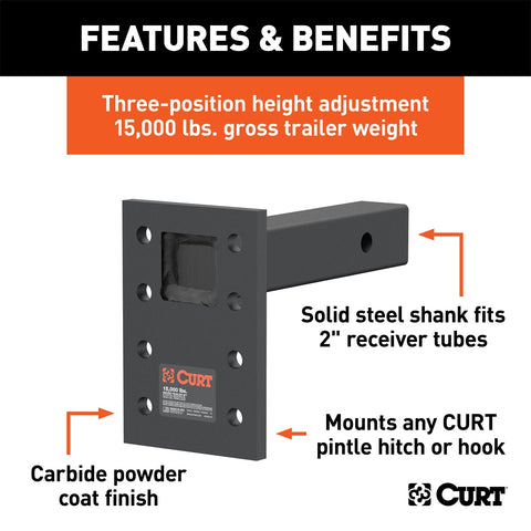 CURT Adjustable Pintle Mount (2in. Shank; 15;000 lbs.; 7in. High; 8in. Long)