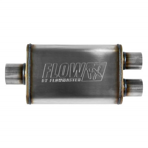 Flowmaster FlowFX Muffler; 3 in. Center In/2.5 in. Dual Out; Clamp On; 409 Stainless Steel;