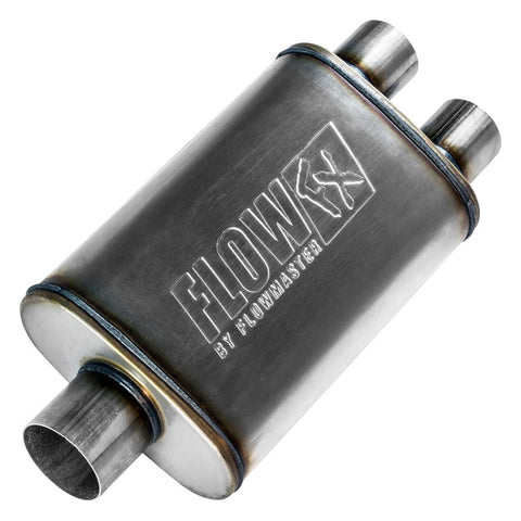 Flowmaster FlowFX Muffler; 3 in. Center In/2.5 in. Dual Out; Clamp On; 409 Stainless Steel;