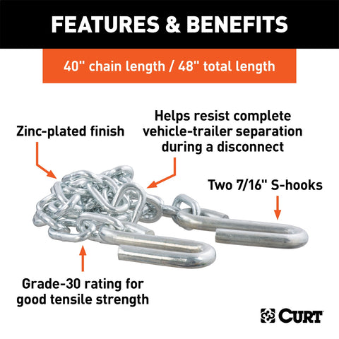 CURT 48in. Safety Chain with 2 S-Hooks (5;000 lbs; Clear Zinc; Packaged)