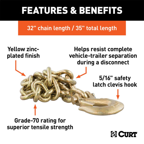 CURT 35in. Safety Chain with 1 Clevis Hook (18;800 lbs; Yellow Zinc)